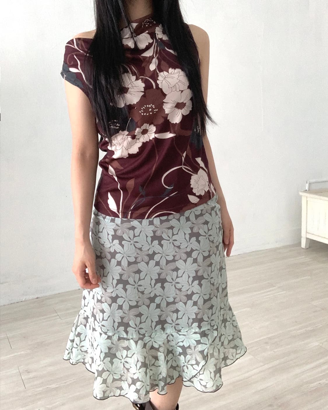 Mint Floral Sheer Midi Skirt 상품이미지2