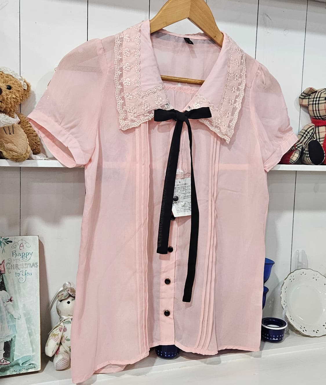레이스 세일러카라 핑크 리본 블라우스 상품이미지2