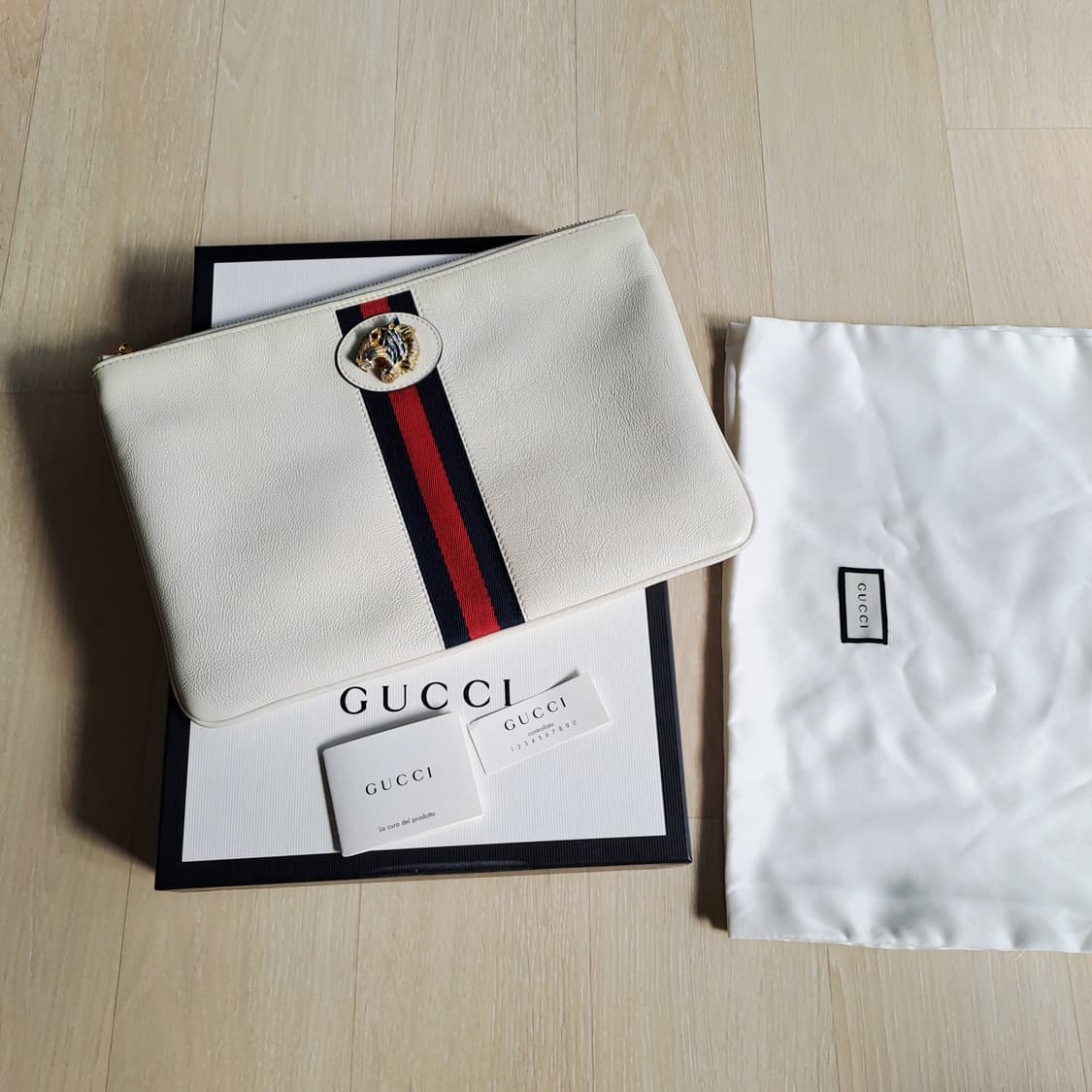[100%/정품] 구찌 라자 스트라이프 타이거 헤드 클러치 아이보리 상품이미지1