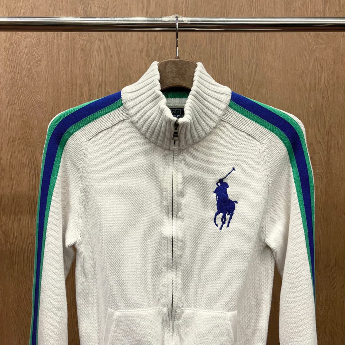 폴로 랄프로렌 니트 집업 가디건 라인 배색 스트라이프 자수 디테일 화이트 상품이미지4