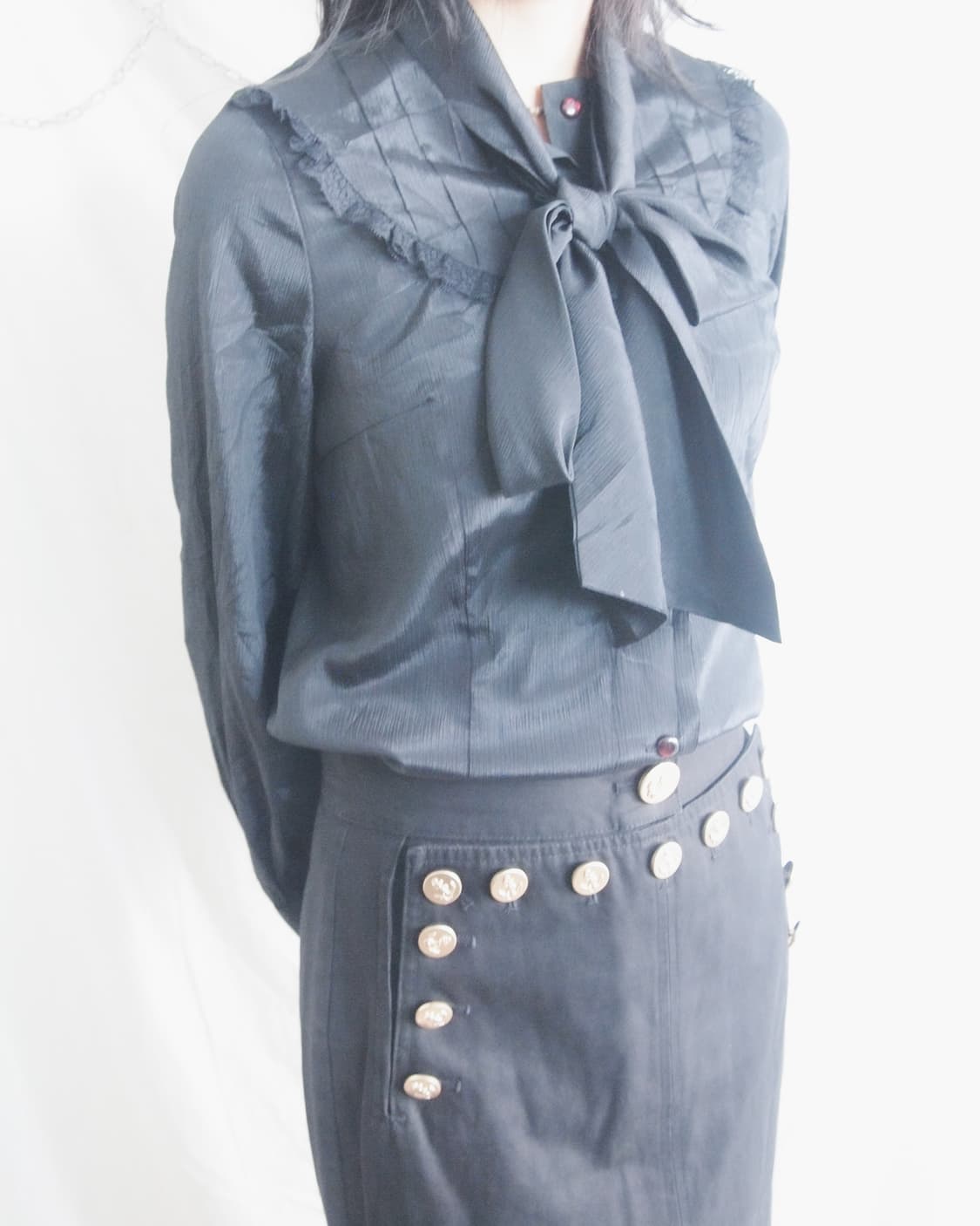 JPN VTG 빅 리본 러플 실크 블라우스 상품이미지1