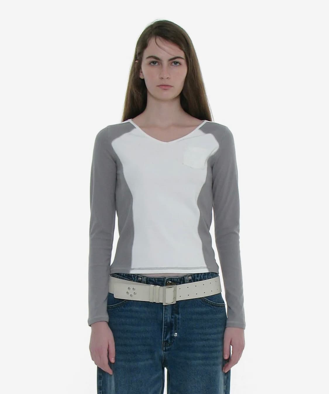 파르티멘토우먼 - 컷 아웃 브이넥 컬러블락 롱슬리브 티 상품이미지1