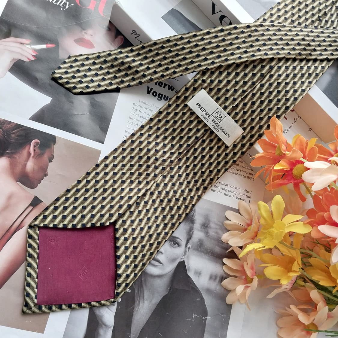 피에르 발망 실크 브라운 기하 패턴 넥타이 9.8cm A+등급 K2574 상품이미지5