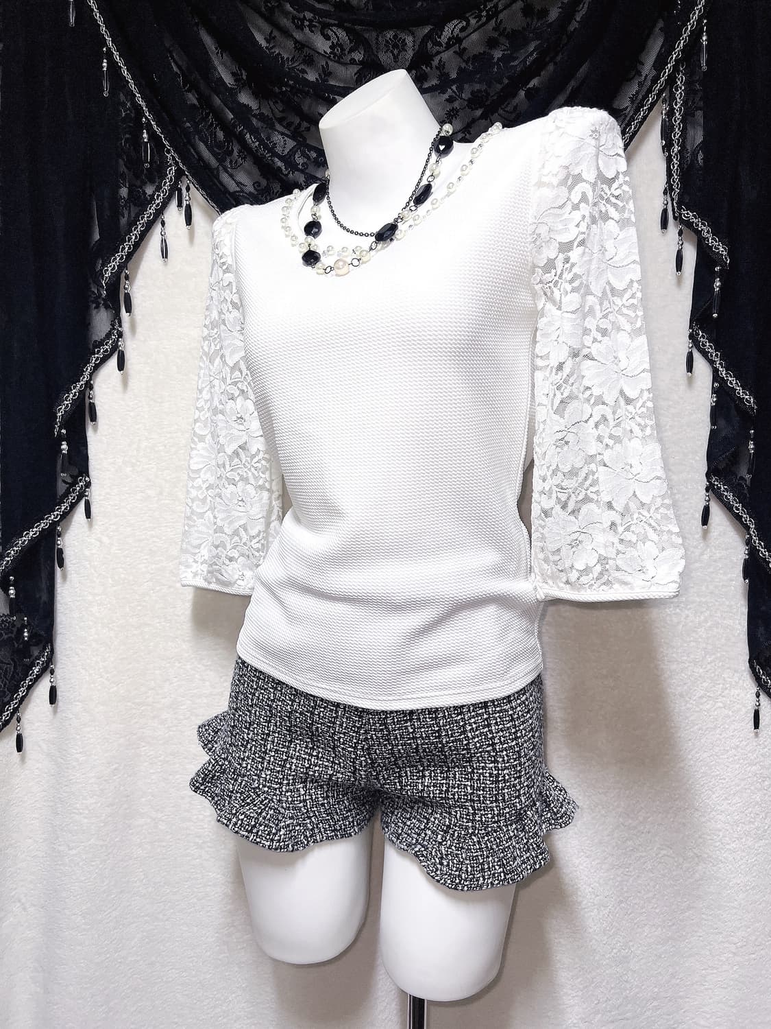 로맨틱갸루 로걀탑 진주 큐빅 시스루 레이스 블라우스 히메 양산형 핀터 상품이미지7