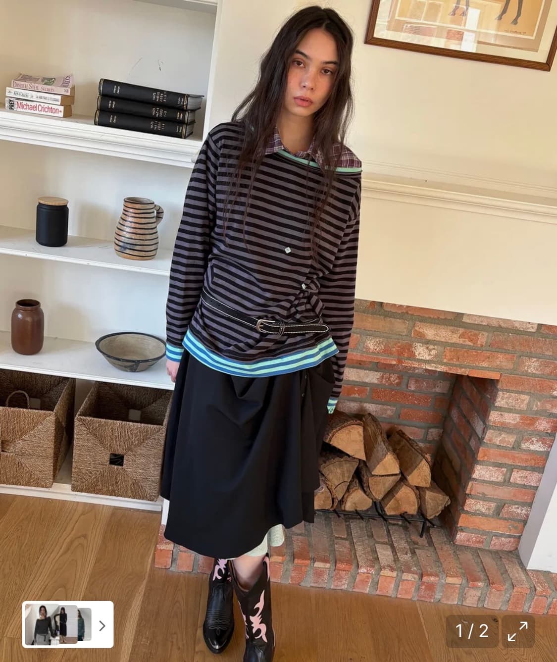 헤레틱 버튼 스트라이프 티셔츠 맨투맨 원숄더 상품이미지2