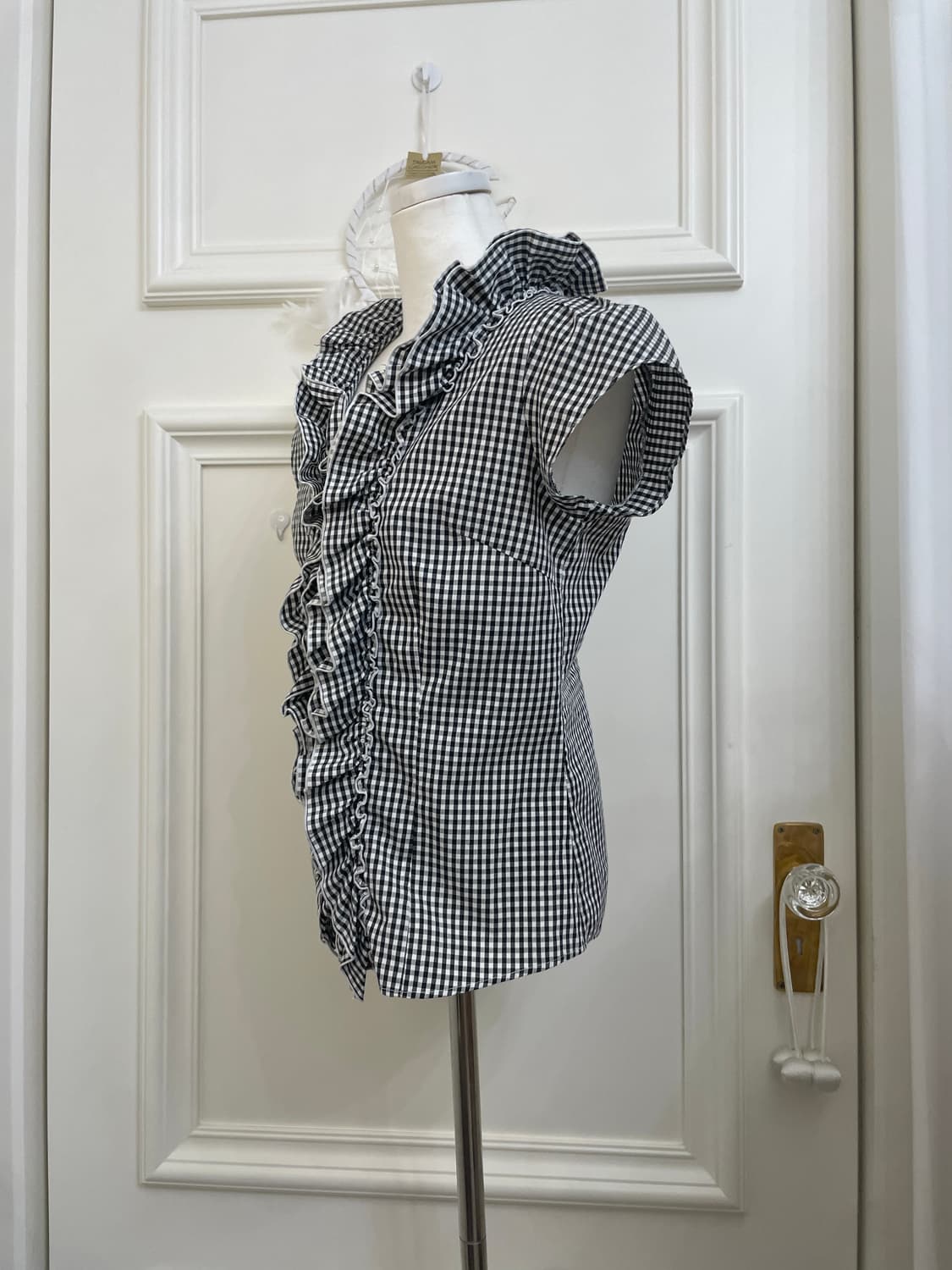 black gingham check shirring point cute 상품이미지2
