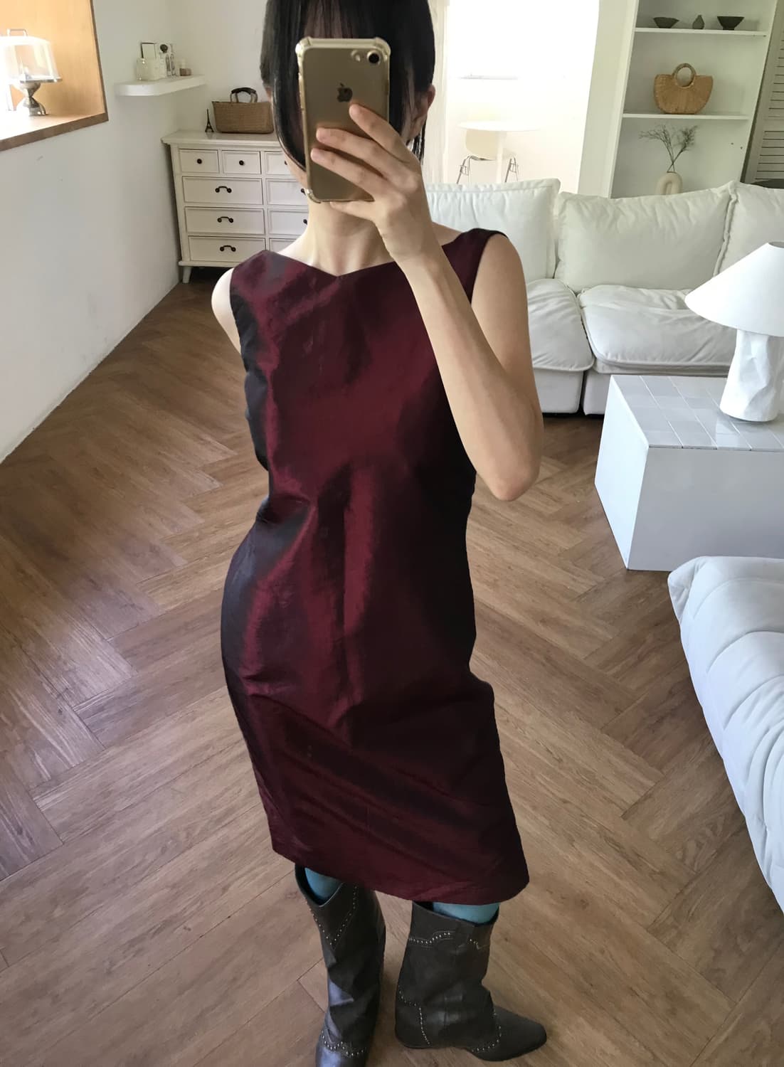vintage glossy burgundy one-piece 상품이미지1