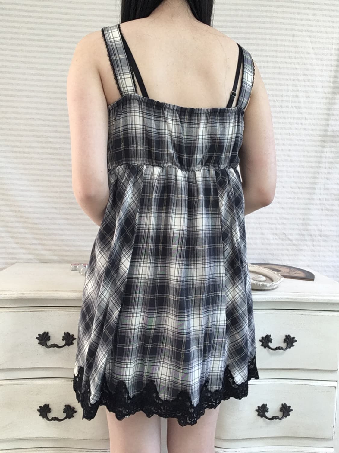 jpn vintage 네이비 체크 블랙 레이스 나시 원피스 y2k 스트릿 상품이미지4