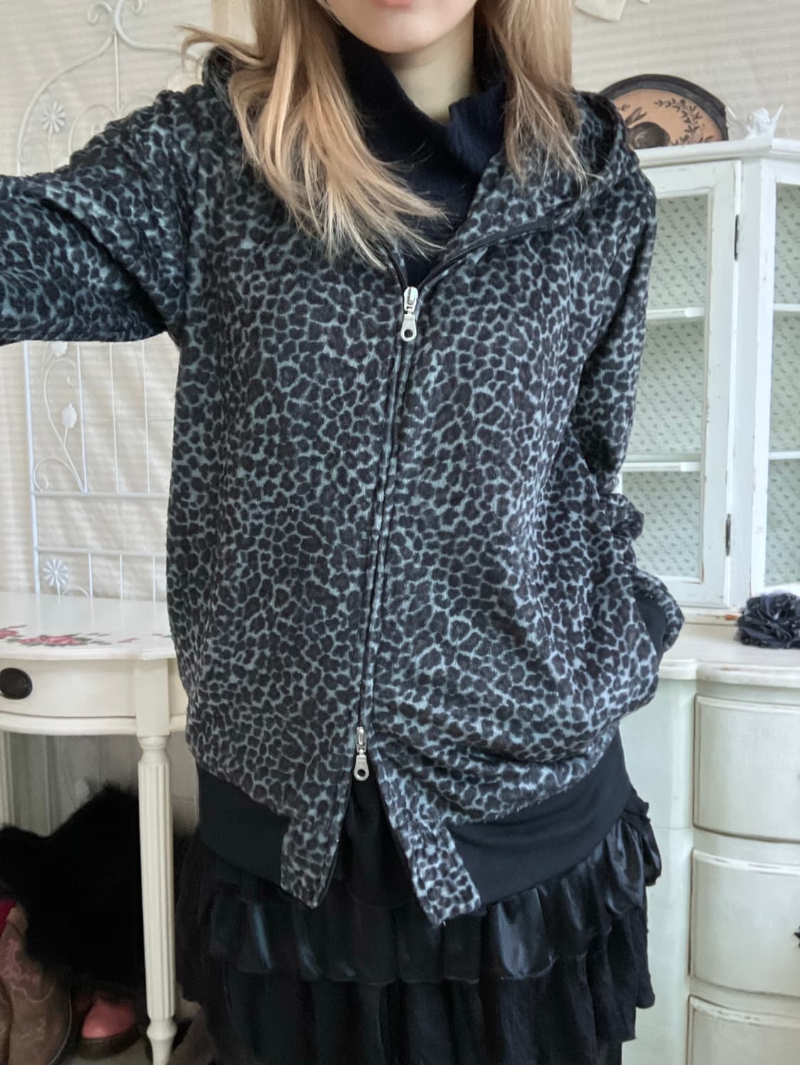 일본빈티지 차콜 레오파드 퍼 후드 집업 상품이미지2