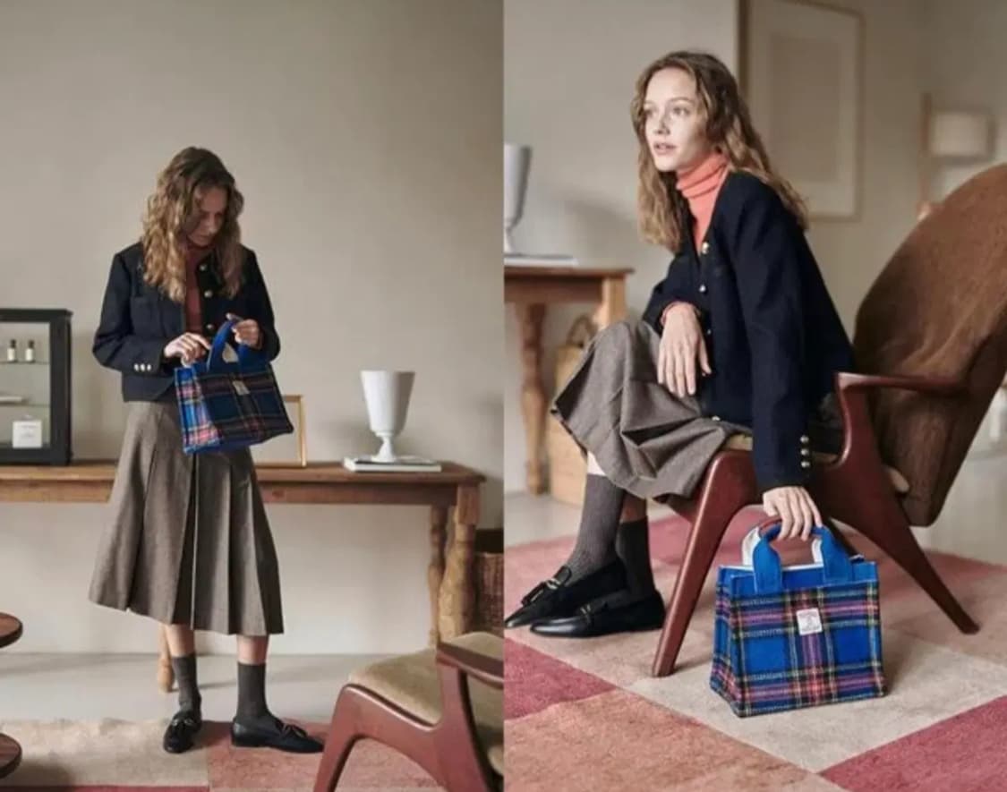 해리스 트위드+오쏘몰 블루 체크 타탄 울 토트백 상품이미지2