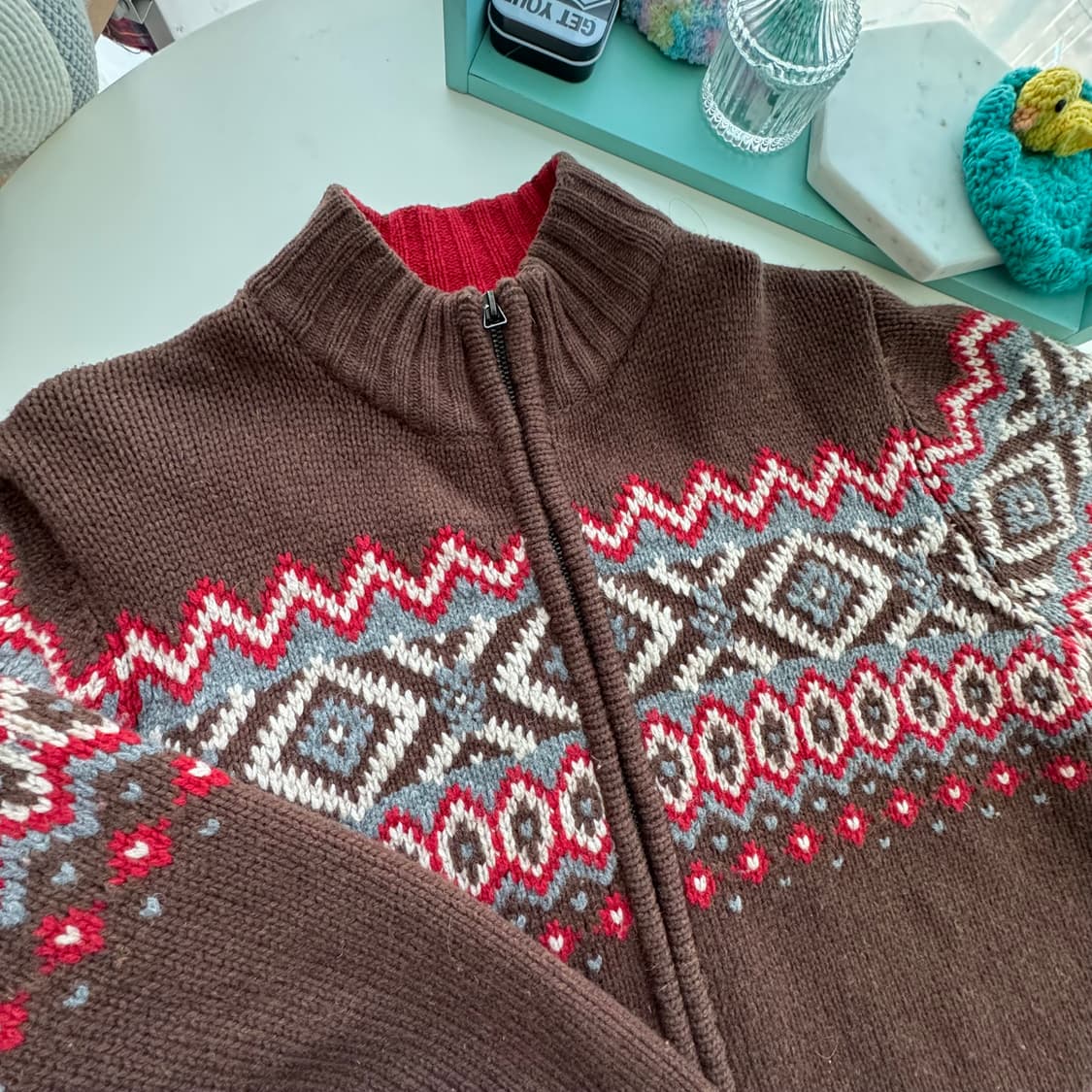 빈티지패턴 브라운 레드그레이 노르딕패턴 집업 가디건 L 상품이미지1