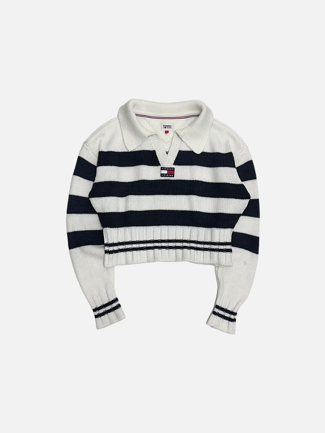 타미힐피거 타미진스 박시 크롭 스트라이프 카라 니트 스웨터 상품이미지1
