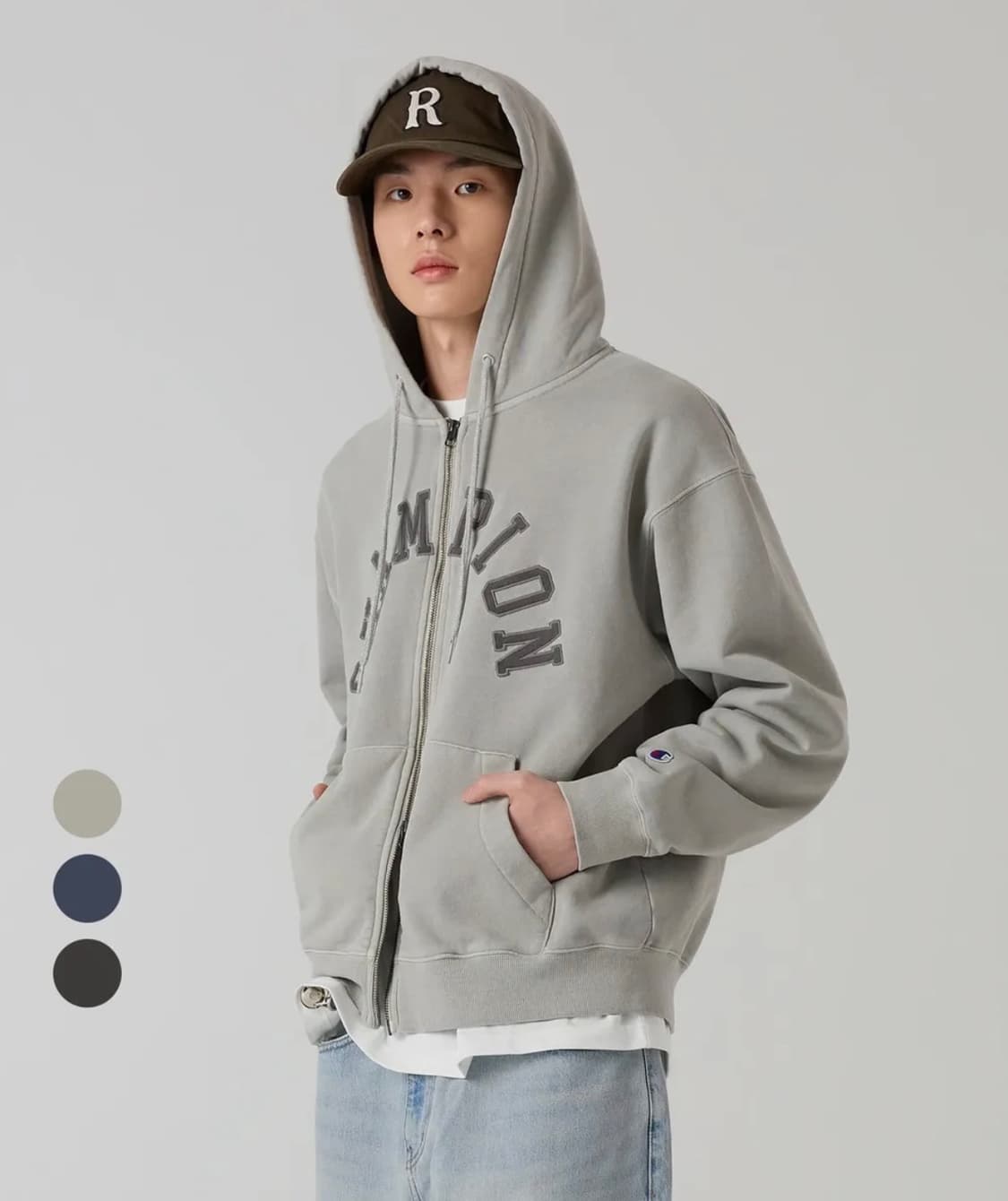 챔피온 김원중 아치 로고 루즈핏 가먼트다잉 후드 집업 3종(일괄판매) S 상품이미지7