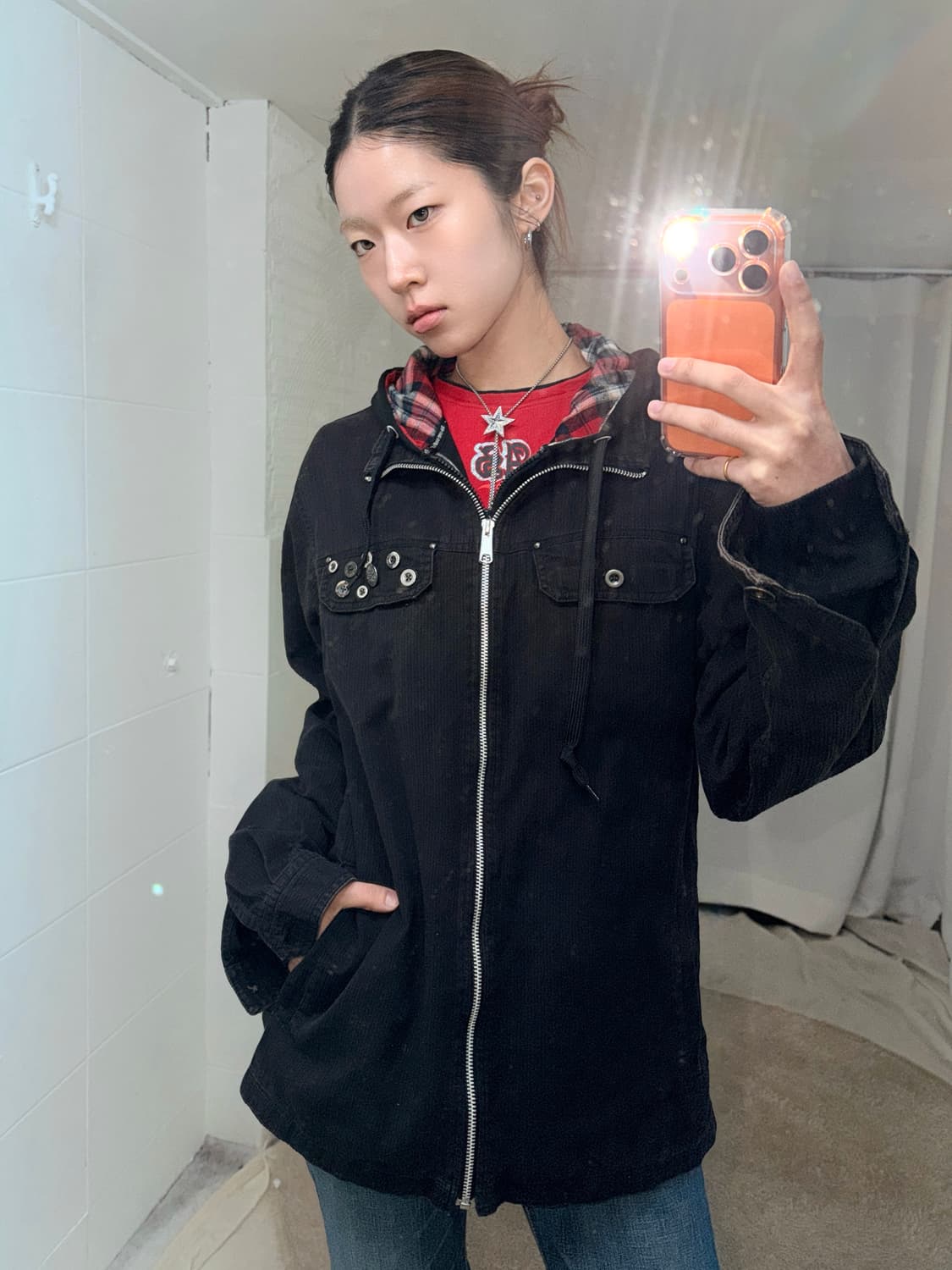 펑크 블랙 레드 자켓 후드집업 상의 세트 상품이미지2