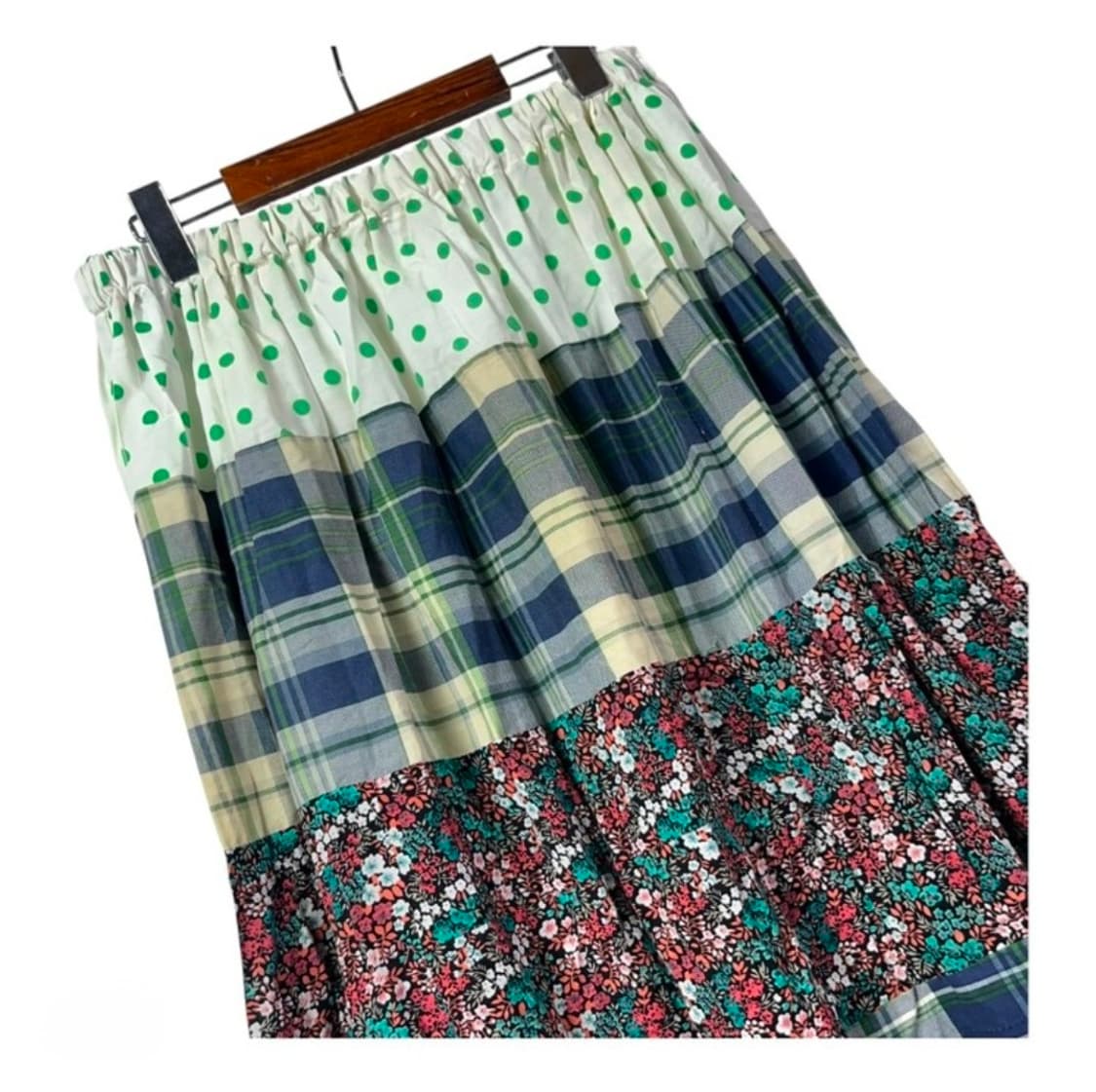 빈티지 모리걸 도트 체크 플라워 패치워크 롱스커트 상품이미지2