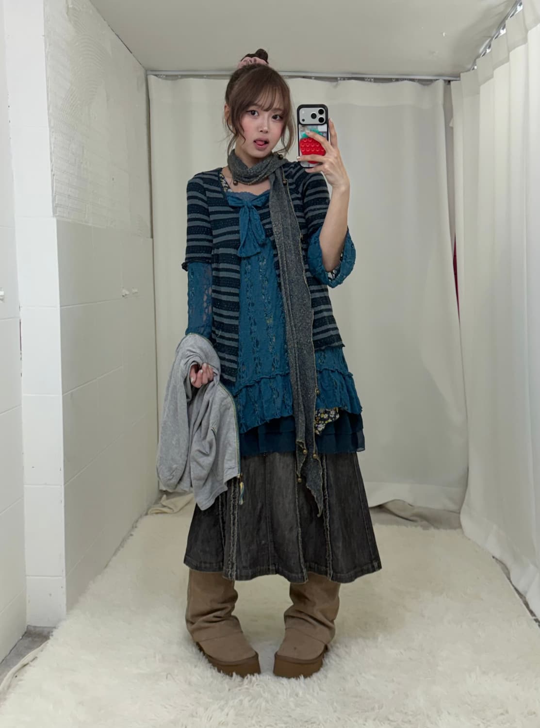 청록 하구미 히피 모리걸 잔꽃 원피스 흑청스커트 코디세트 상품이미지2