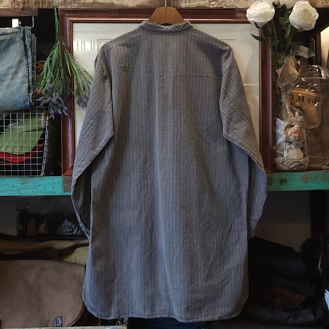 60s 프랑스 워크셔츠 헤비코튼 프렌치 셔츠 퍼플 그레이 롱 튜닉 셔츠L 상품이미지4