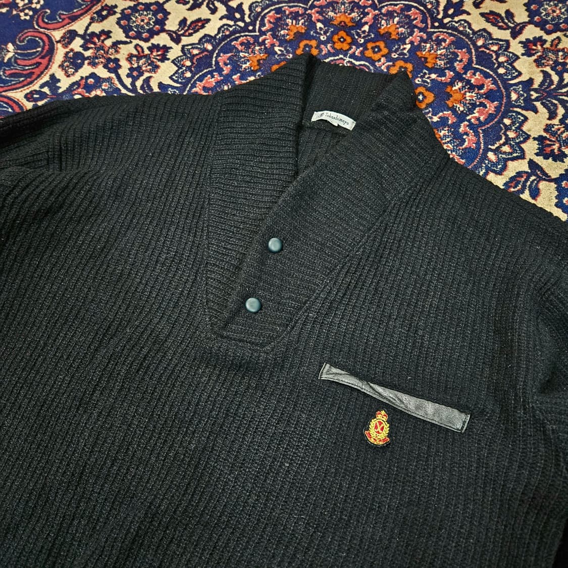 Takashimaya in Japan 90's 가죽 포켓 패치 숄 니트 상품이미지2