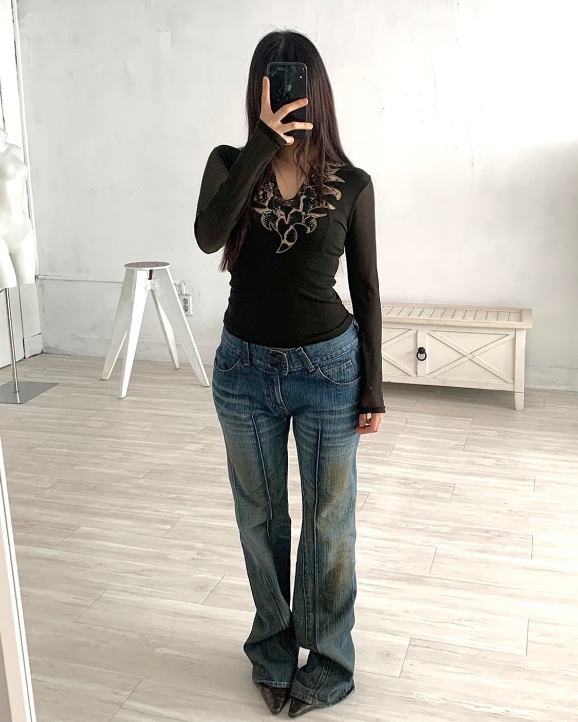 Y2K Khaki Dirty Wash Bootcut Denim Pants 상품이미지2