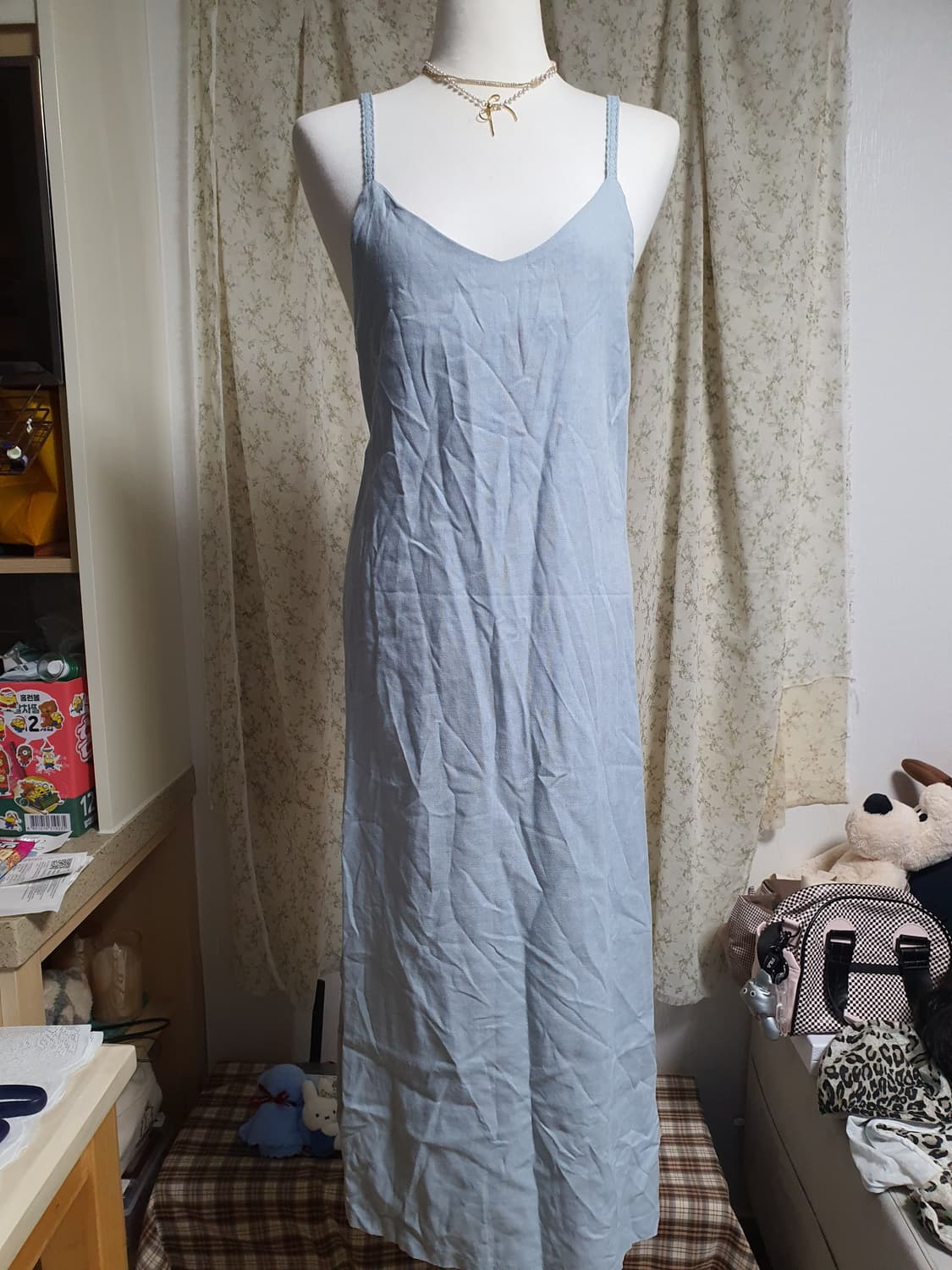 [빈티지] 면 끈 롱 원피스 하늘색+아이보리 2벌 일괄 상품이미지3