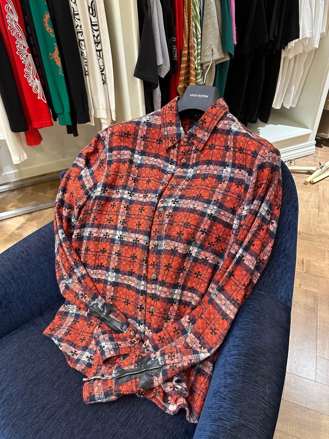 크롬하츠 루스앤리스 레더패치 체크셔츠 레드 XL 상품이미지1