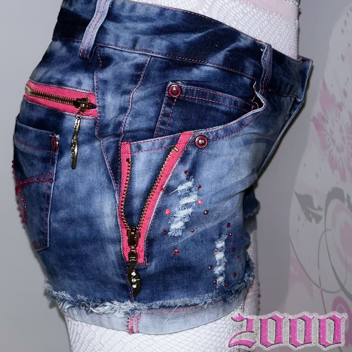 00‘s 갸루 와투케 대장템 핫핑크 지퍼 워싱 데님 숏팬츠 상품이미지3