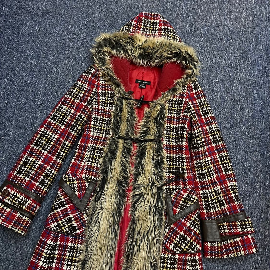 빈티지 산장 히피 체크 후드 울 코트 상품이미지2