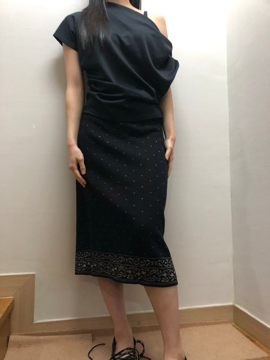 빈티지 블랙 오리엔탈 도트 미디 스커트 상품이미지6