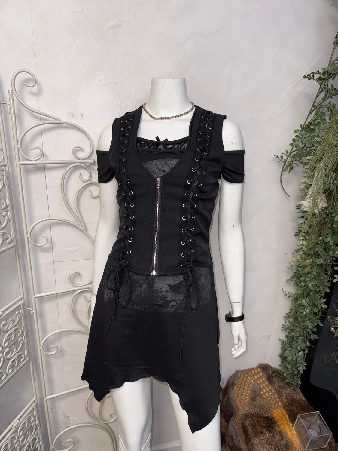 Black corset laceup zipup vest 상품이미지5