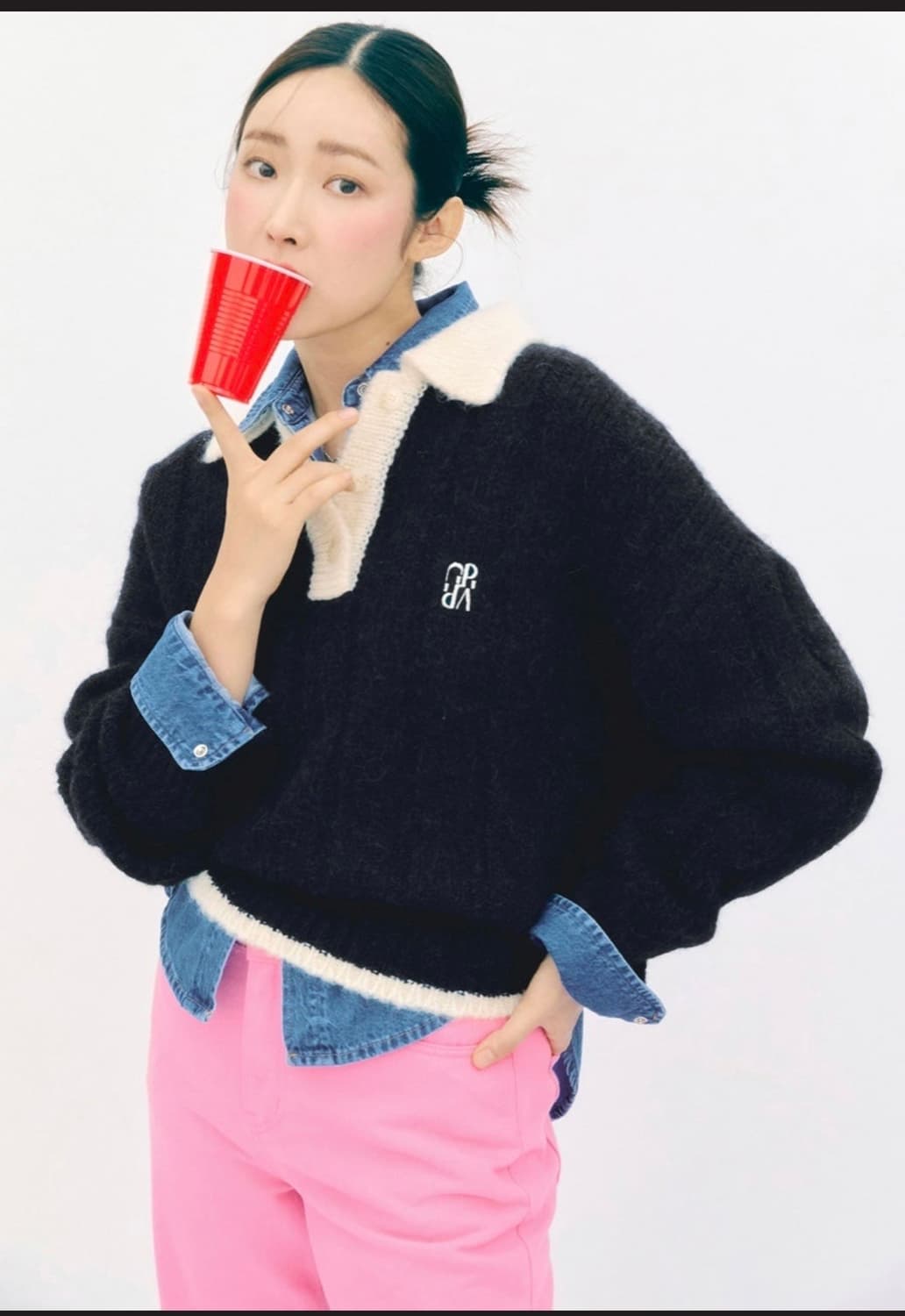 그로브 GROVE 차청원 소프트 알파카 헤어리 배색 네이비 카라니트 F 상품이미지1