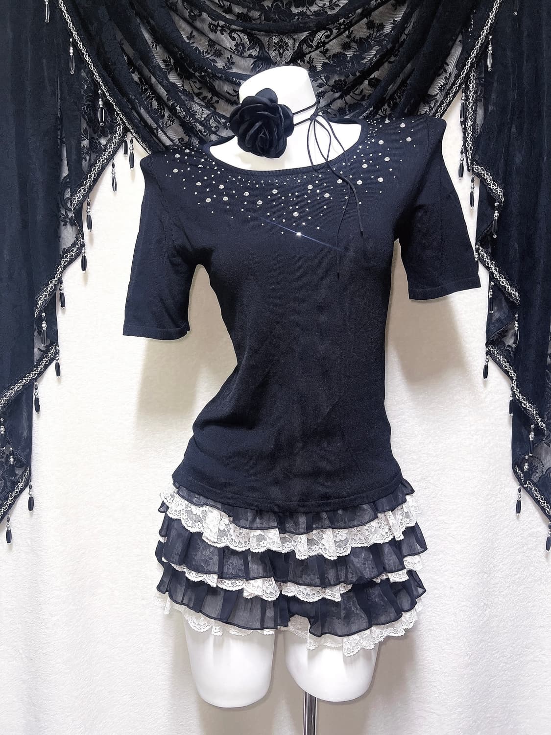 로맨틱고딕 오네갸루 블랙 큐빅 반팔 로걀탑 핀터 다크페어리 공겜 오리엔탈 상품이미지8