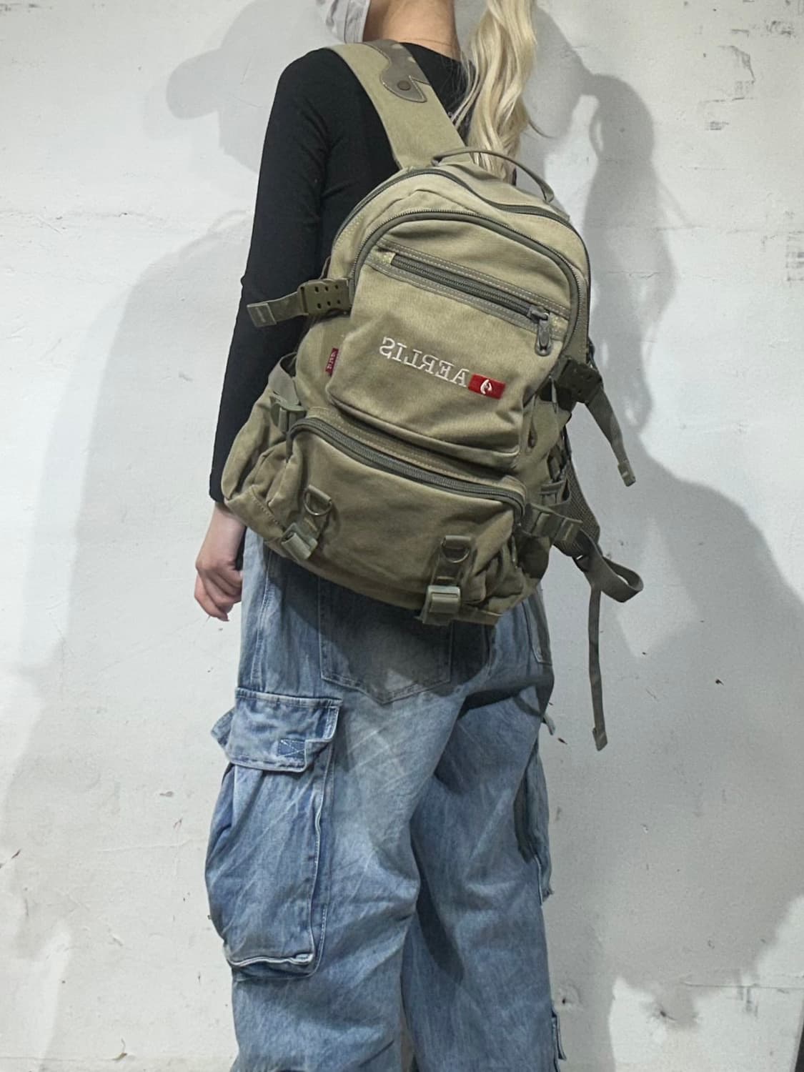 일본 빈티지 90s AERLIS 밀리터리 카키 백팩 가방  상품이미지1