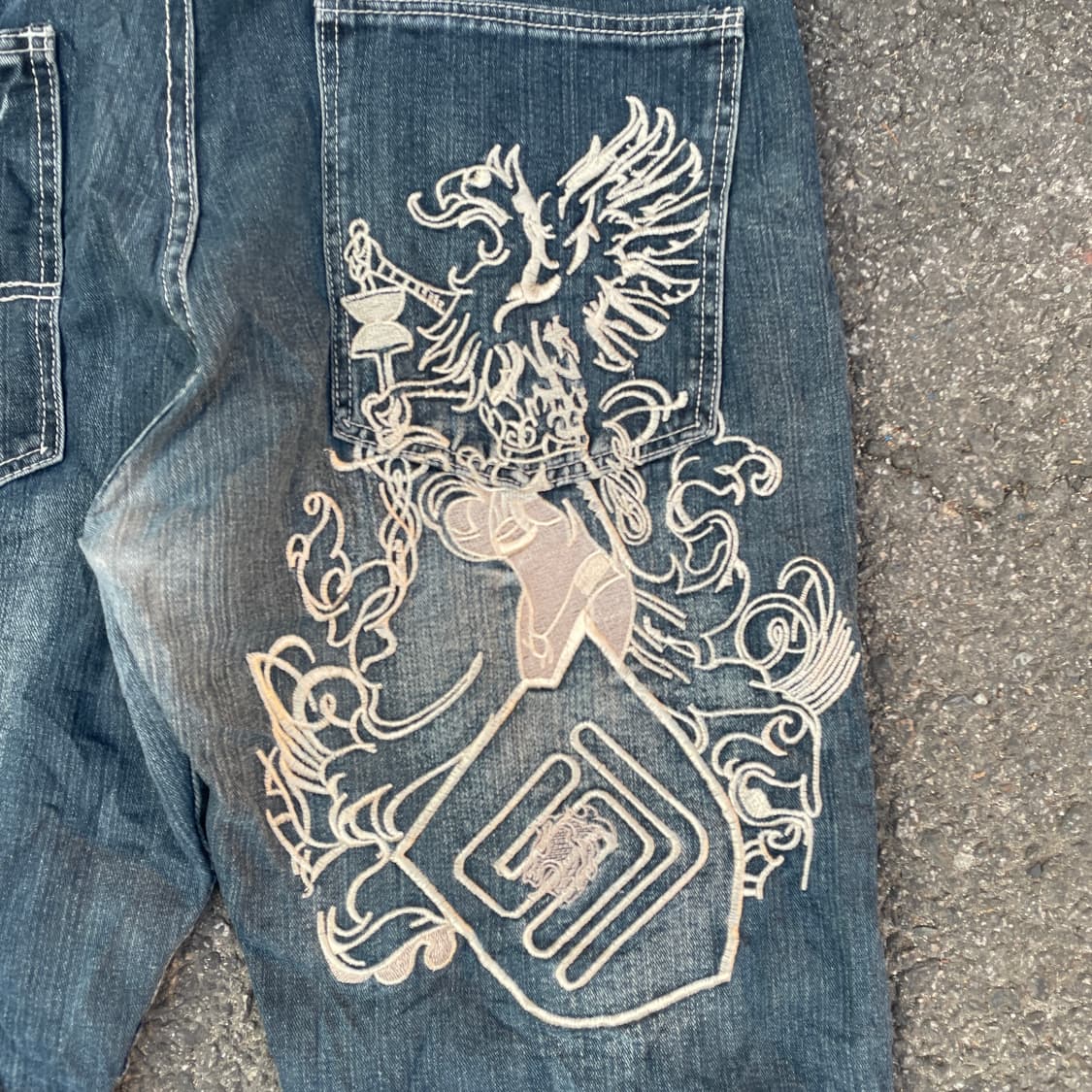 90s 션존 오리엔탈 자수 와이드 데님 청바지 올드스쿨 힙합 팬츠 40 상품이미지3