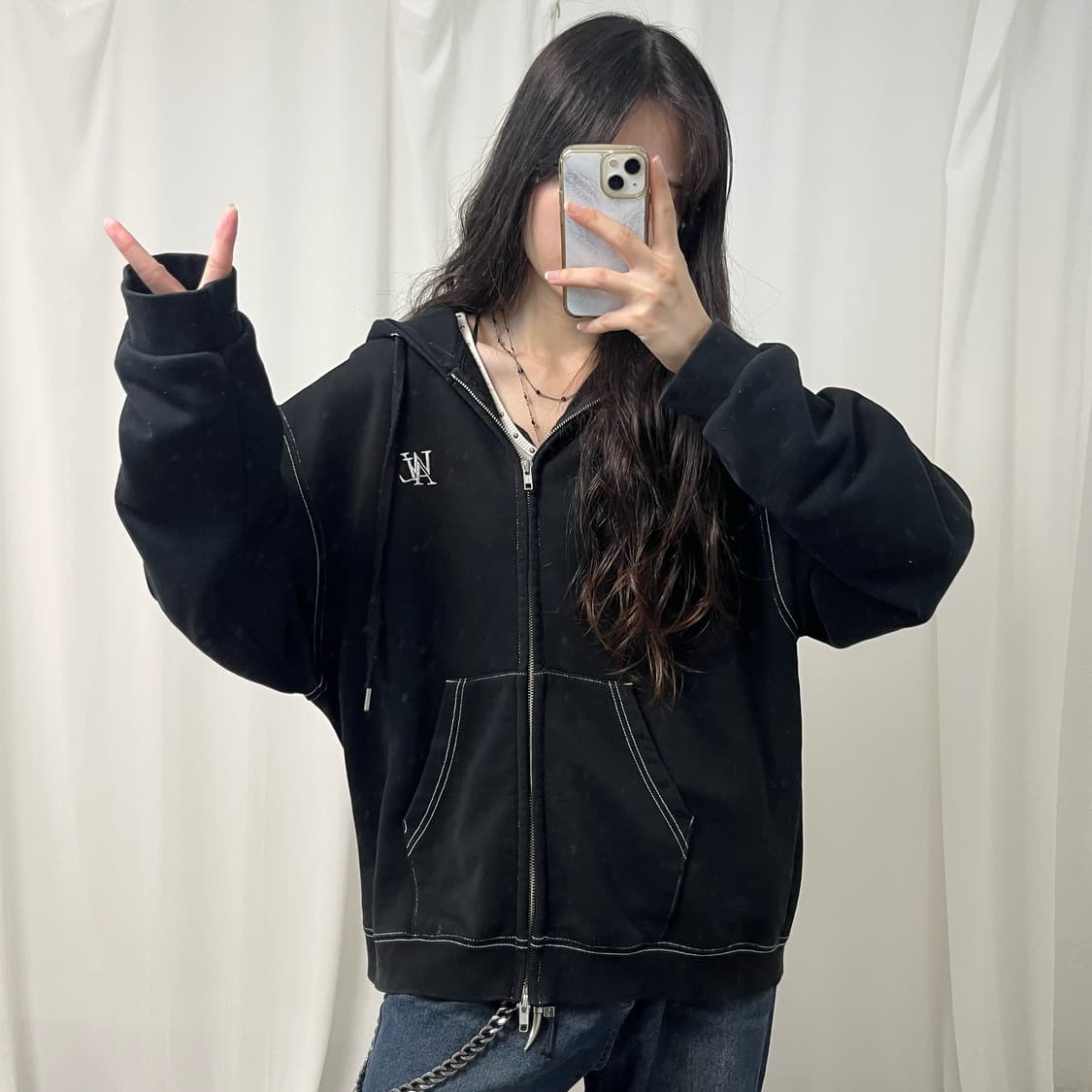 Wooalong black two-way hood zip-up  상품이미지2