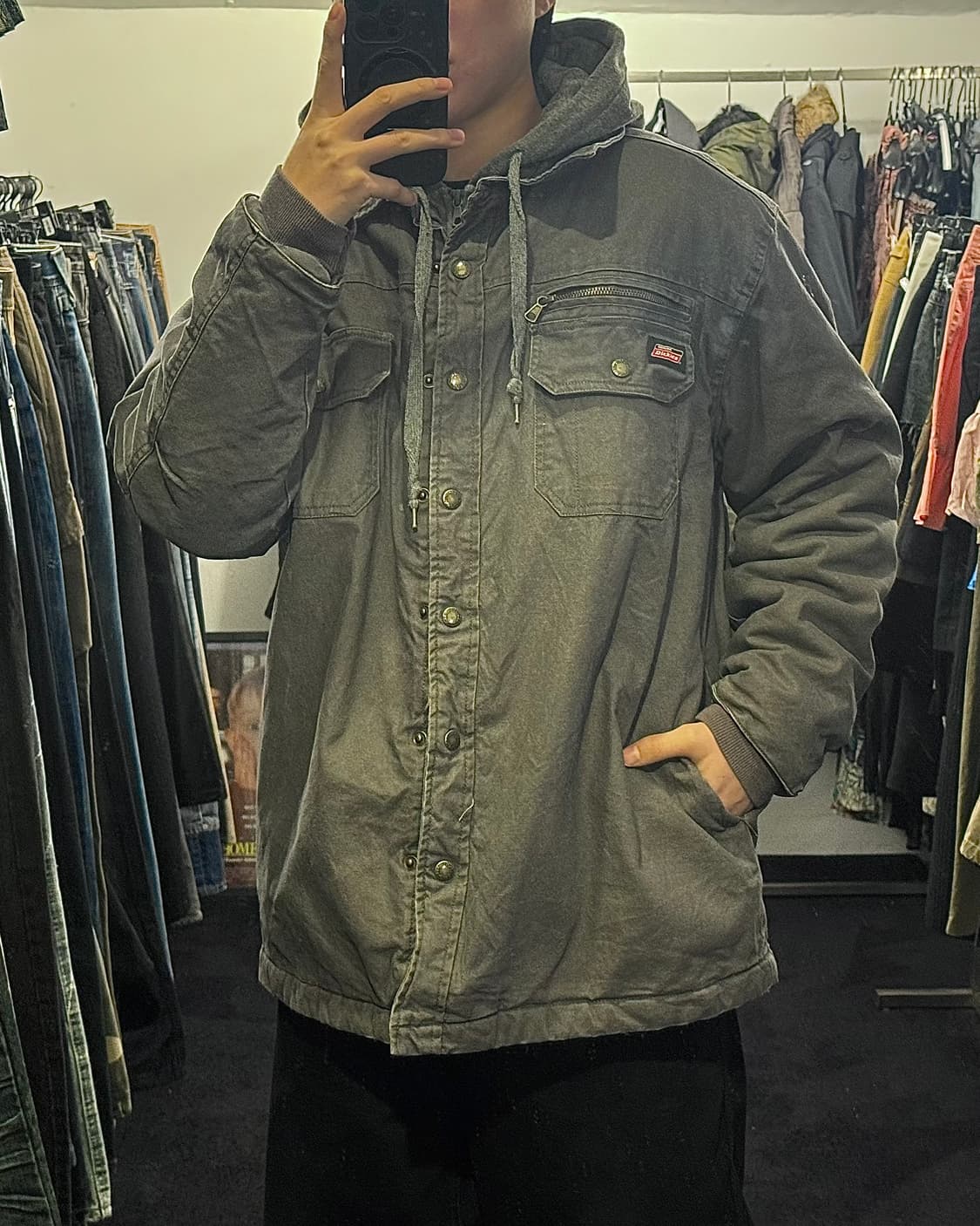 디키즈 90s 패디드 누빔 워크 셔츠 자켓 포켓 워시드 워싱 그레이 후드 상품이미지2