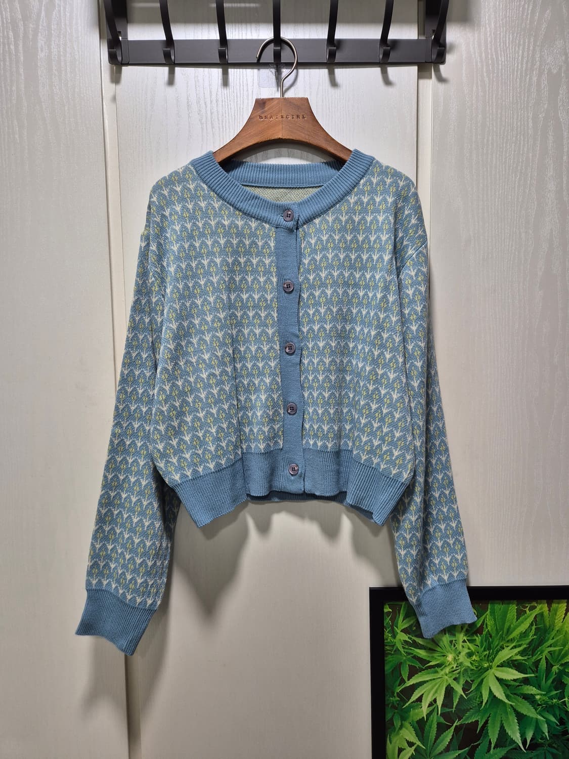 빈티지 패턴 크롭 가디건 하늘색 상품이미지1