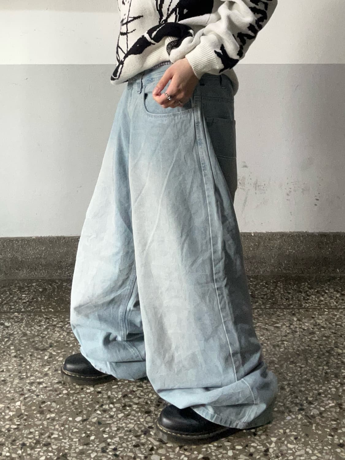 90s 아이스워싱 데님 스티치 와이드 팬츠 상품이미지3
