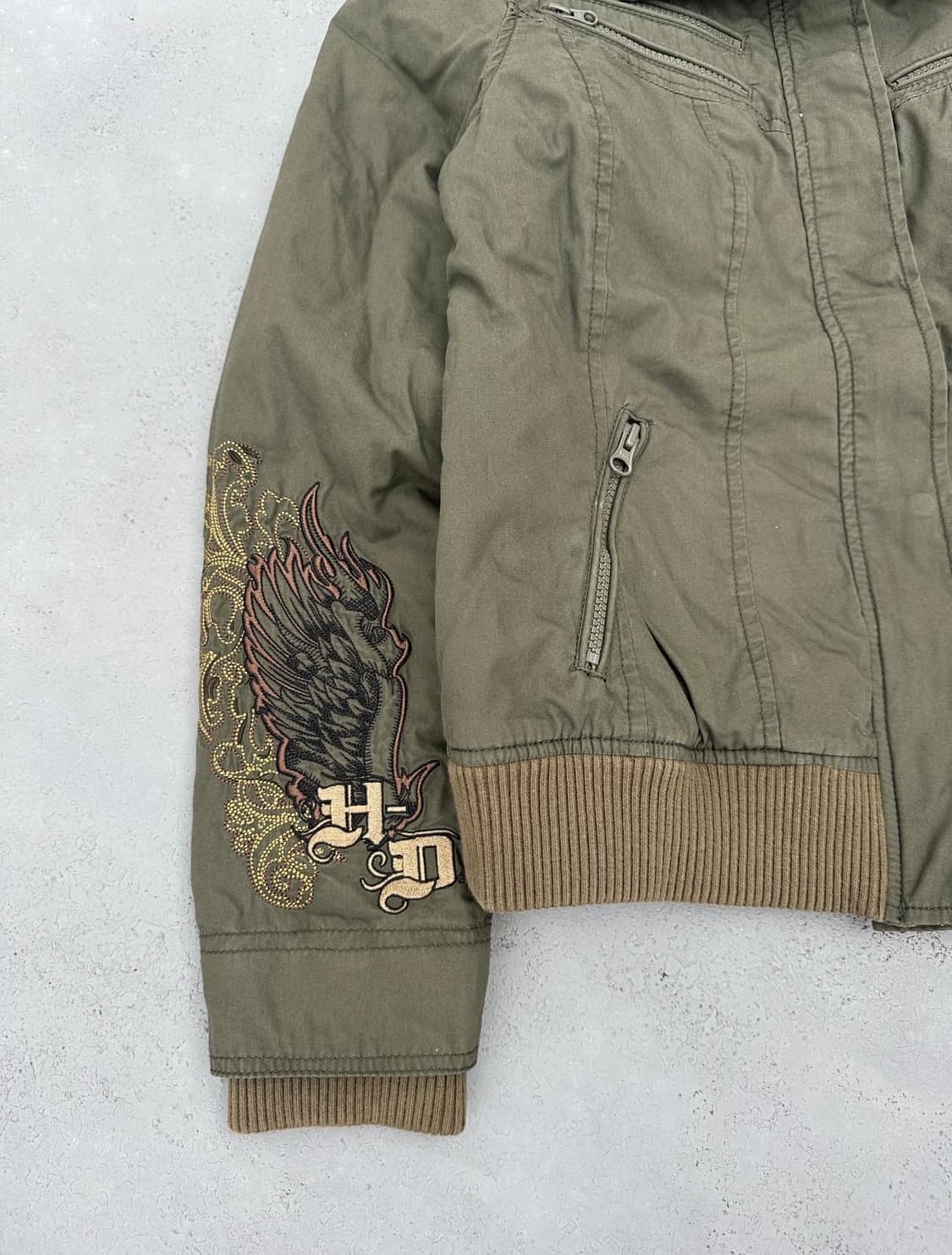 할리데이비슨 로고 자수 크롭 봄버자켓 올리브 카키 y2k 상품이미지4