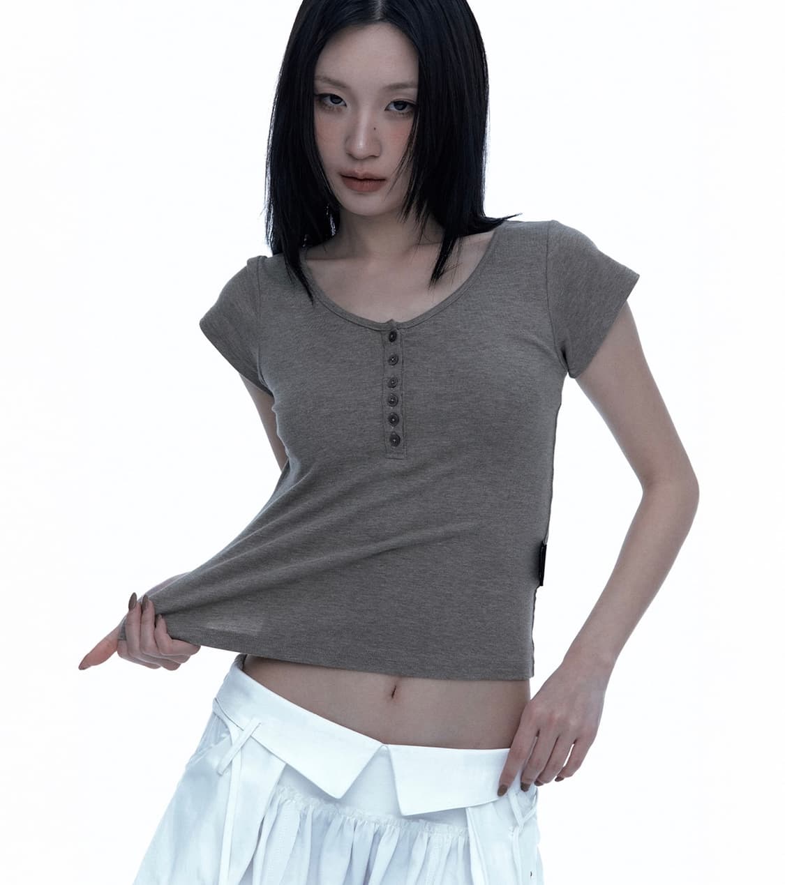 러프넥 아스키 크로스 헨리넥 티셔츠 카키브라운 상품이미지1