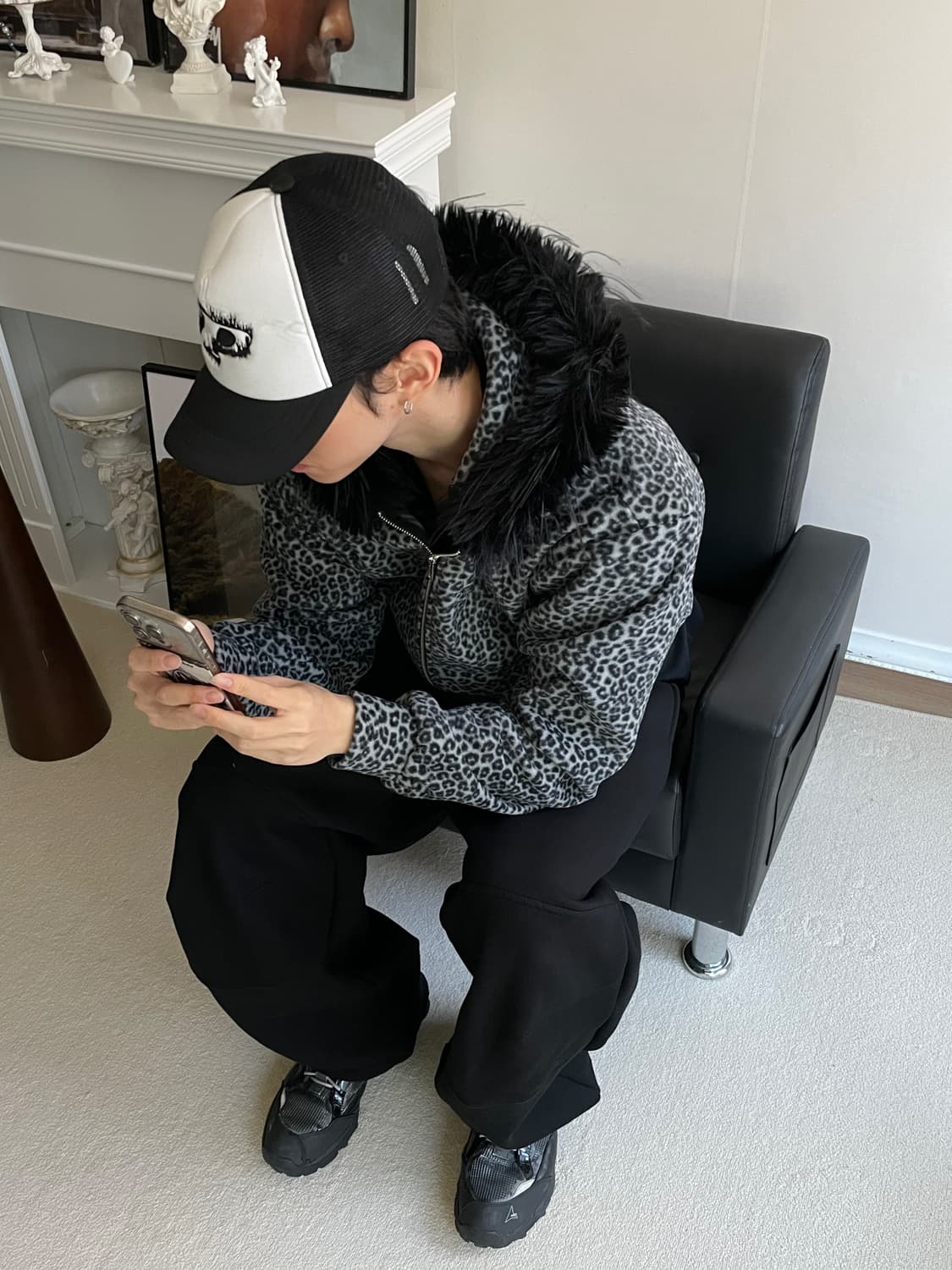 레오파드 호피 퍼 후드 후리스 기모 집업 상품이미지6