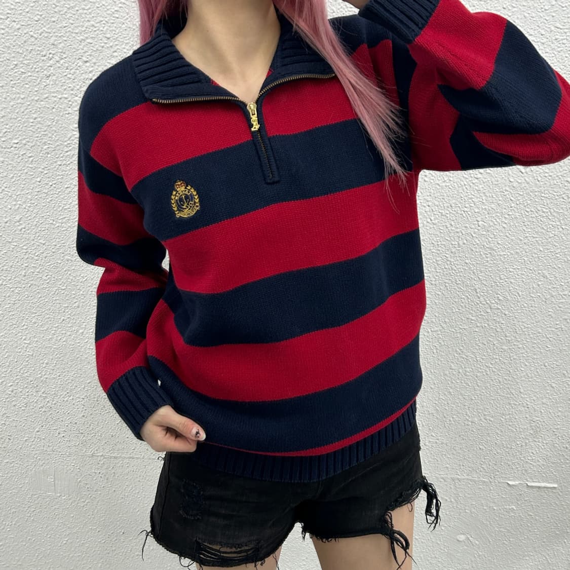 폴로 랄프로렌 월계수 레드단가라 니트 반집업 상품이미지1