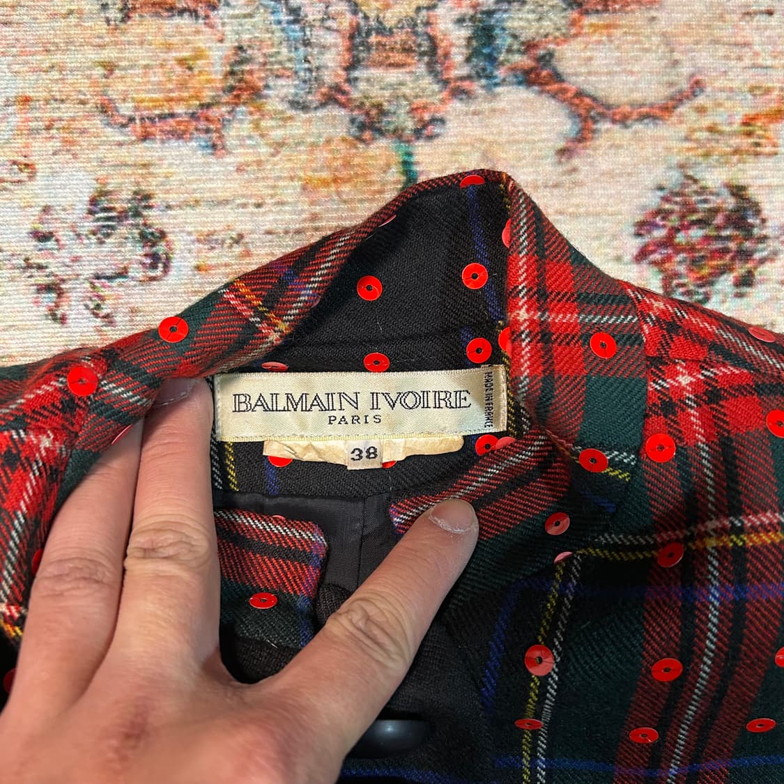 [M] 80s 발망 Ivoire 아카이브 타탄체크 스팽글 자켓 상품이미지2