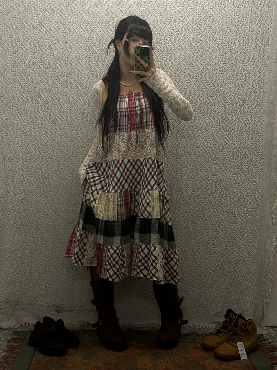빈티지 재팬 하구미 키치 패치워크 캉캉 체크 롱원피스 K0358 상품이미지1