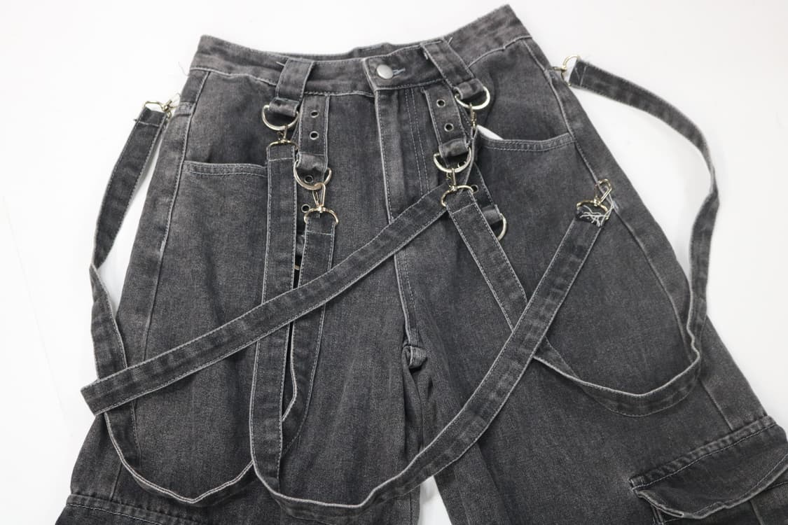 빈티지 블랙 워싱 멀티 스트랩 카고 와이드 데님 팬츠 상품이미지4