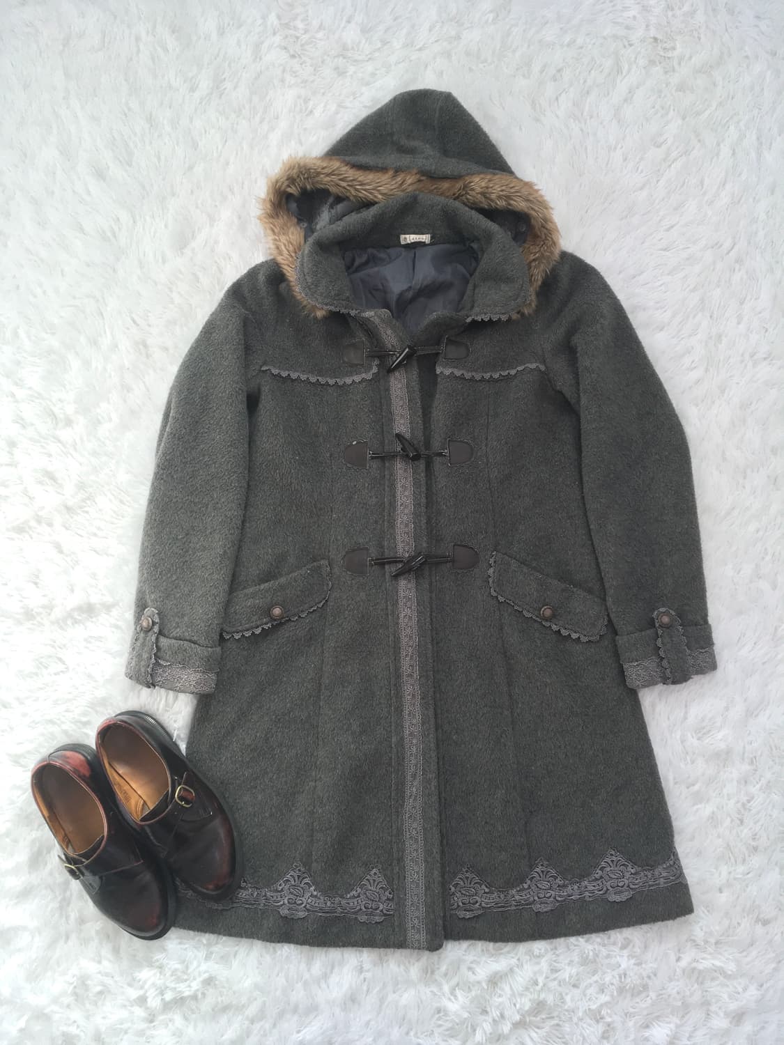 Axe Femme 후드 퍼 떡볶이 코트 그레이 상품이미지8