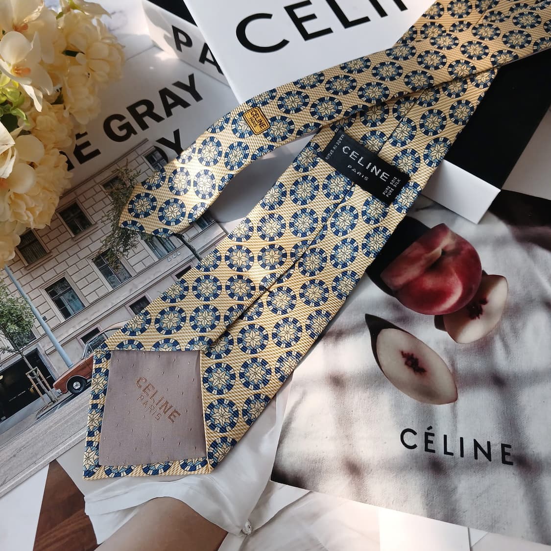 셀린느 실크 옐로우 메달리온 패턴 넥타이 9.4cm S~A+등급 E750 상품이미지4