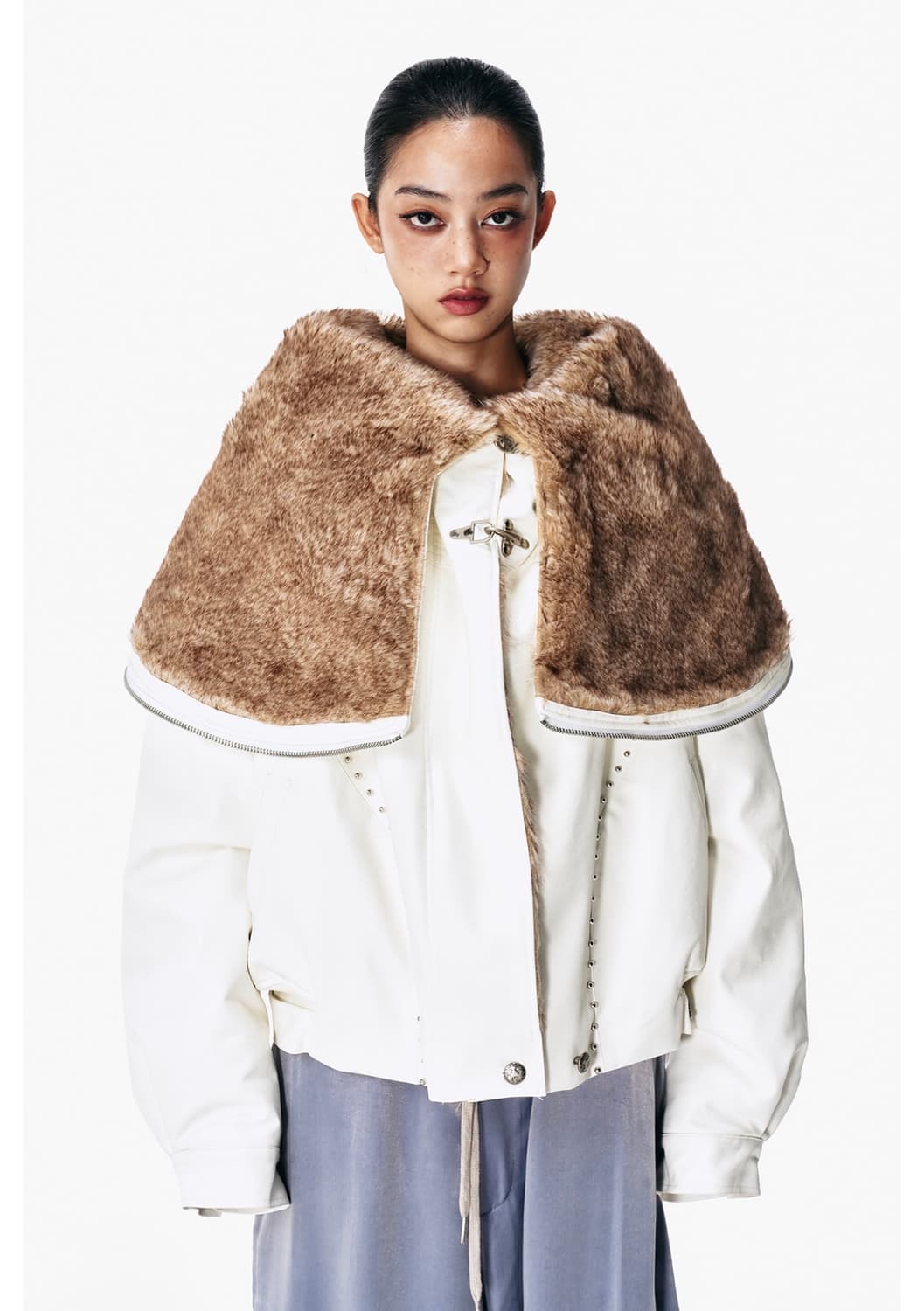 FOLD-OUT HOODIE SHAWL FUR JACKET WHITE 상품이미지2