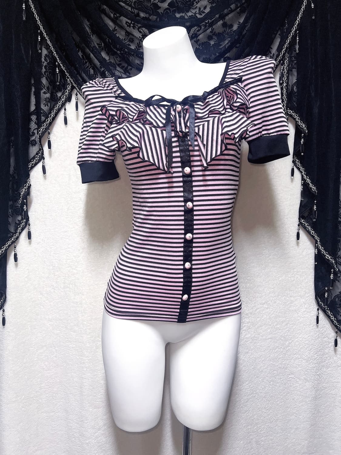 세실맥비 히메갸루 로맨틱 러블리 핑크 스트라이프 프릴 로걀탑 백트임 오네 상품이미지2