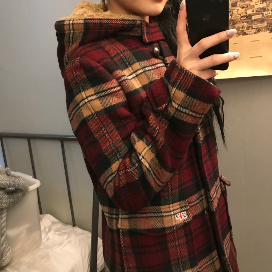 Ask 에스크 모리걸 사와코 체크 퍼 울 후드 코트 상품이미지2