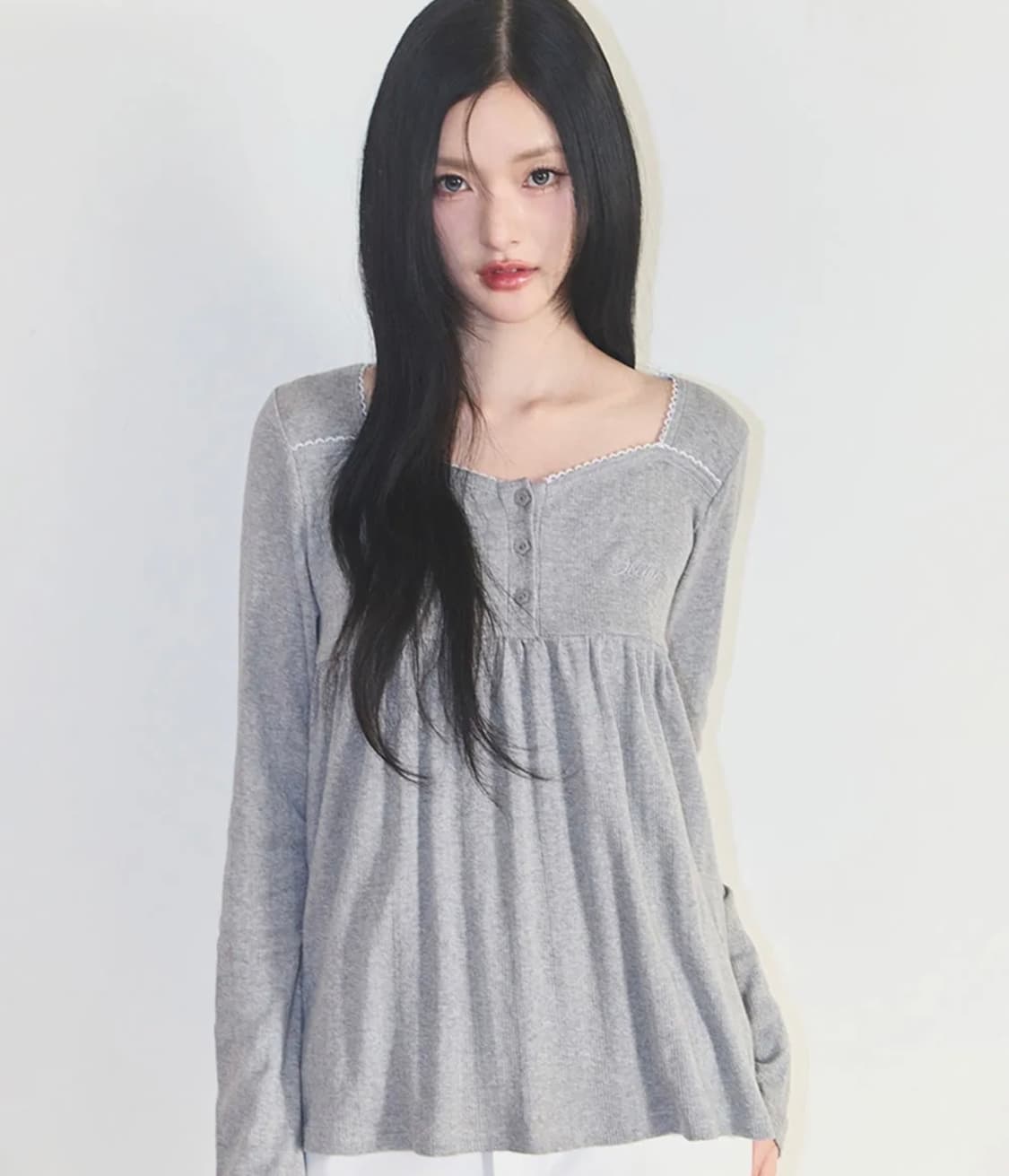 일리고 플레어 셔링 롱슬리브 멜란지 그레이 상품이미지1